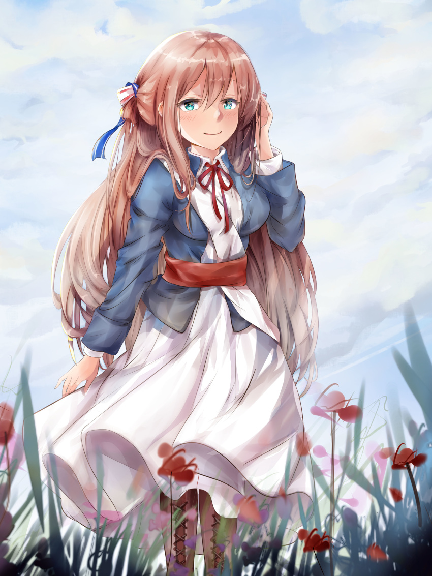 1girl absurdres arm_up bangs blue_eyes blue_jacket blue_sky blush boots bow breasts brown_footwear brown_hair closed_mouth cloud cloudy_sky collared_dress cross-laced_footwear day dress eyebrows_visible_through_hair flower girls_frontline hair_between_eyes hair_bow highres jacket lace-up_boots long_hair long_sleeves looking_at_viewer m1903_springfield_(girls_frontline) medium_breasts mutang neck_ribbon outdoors red_flower red_ribbon ribbon sky smile solo striped striped_bow very_long_hair white_bow white_dress wind