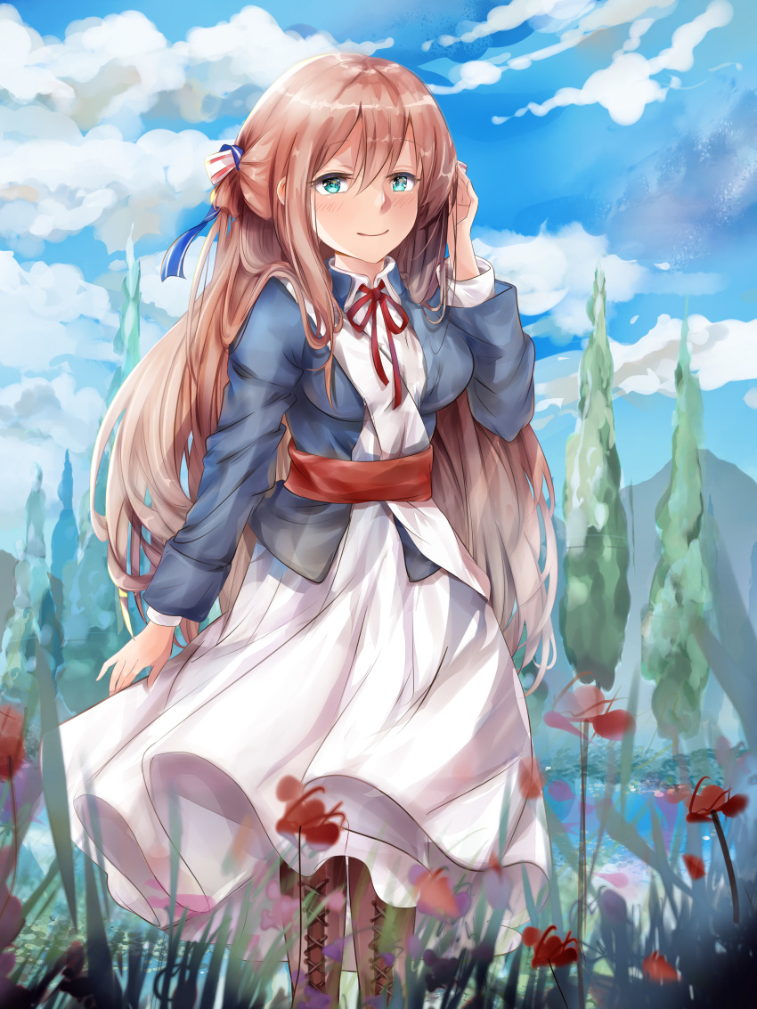 1girl absurdres arm_up bangs blue_eyes blue_jacket blue_sky blush boots bow breasts brown_footwear brown_hair closed_mouth cloud cloudy_sky collared_dress commentary cross-laced_footwear day dress eyebrows_visible_through_hair flower girls_frontline hair_between_eyes hair_bow highres jacket lace-up_boots long_hair long_sleeves looking_at_viewer m1903_springfield_(girls_frontline) medium_breasts mutang neck_ribbon outdoors red_flower red_ribbon ribbon sky smile solo striped striped_bow very_long_hair white_bow white_dress wind