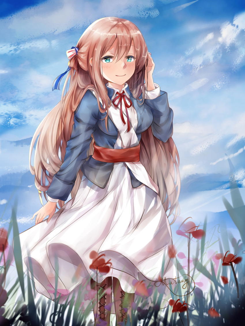 1girl absurdres arm_up bangs blue_eyes blue_jacket blue_sky blush boots bow breasts brown_footwear brown_hair closed_mouth cloud cloudy_sky collared_dress cross-laced_footwear day dress eyebrows_visible_through_hair flower girls_frontline hair_between_eyes hair_bow highres jacket lace-up_boots long_hair long_sleeves looking_at_viewer m1903_springfield_(girls_frontline) medium_breasts mutang neck_ribbon outdoors red_flower red_ribbon ribbon sky smile solo striped striped_bow very_long_hair white_bow white_dress wind