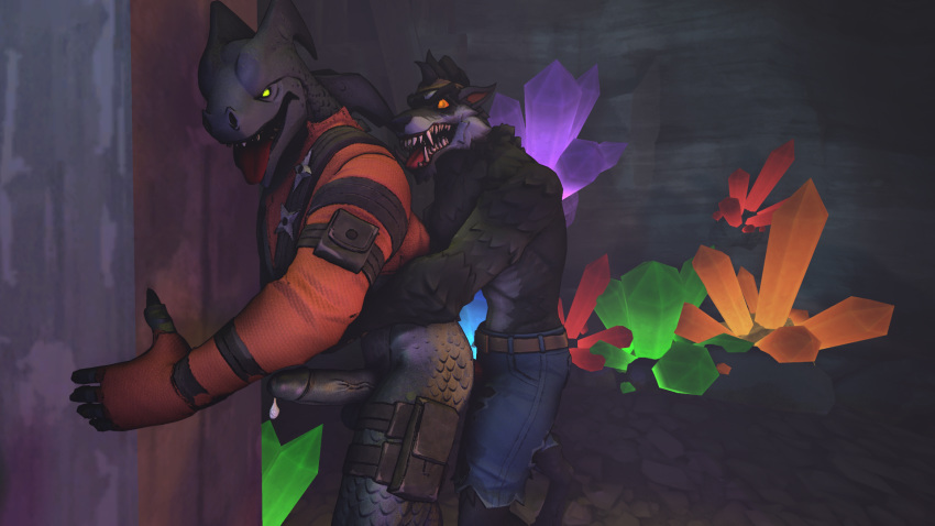 3d_(artwork) anthro balls canid canine canis crystal darkflash23 digital_media_(artwork) dire_(fortnite) dragon fangs fortnite fur gem hybrid_(fortnite) male male/male mammal penis precum scales source_filmmaker tongue tongue_out wolf