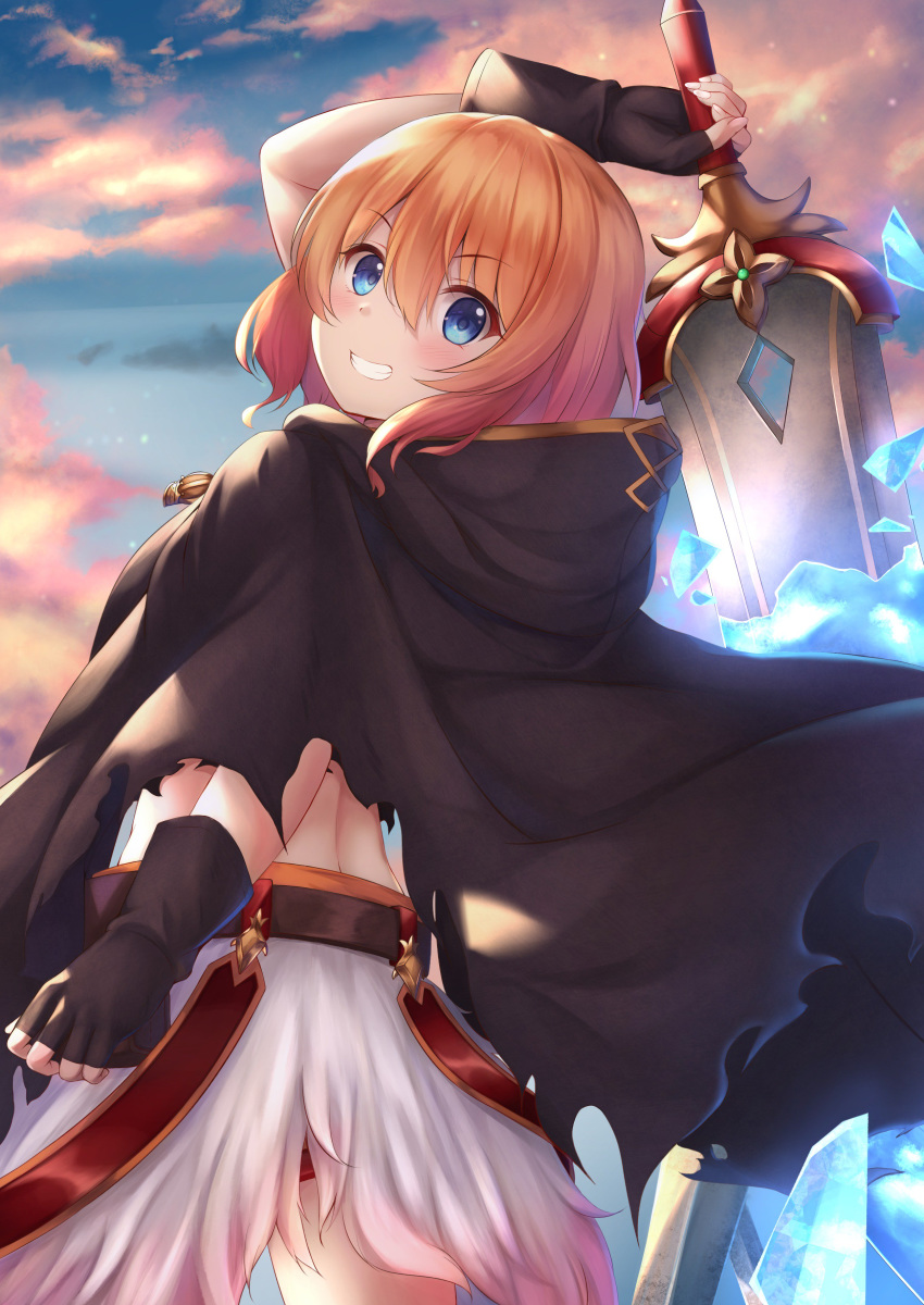 1girl absurdres arm_up bangs belt black_gloves blue_eyes blue_sky blush brown_belt brown_cloak brown_hair cloak cloud cloudy_sky crystal eyebrows_visible_through_hair fingerless_gloves from_behind gloves grin hair_between_eyes highres holding holding_sword holding_weapon hood hood_down hooded_cloak looking_at_viewer looking_to_the_side muimi outdoors princess_connect! princess_connect!_re:dive skirt sky smile solo sunset sword weapon white_skirt yuririn_poi