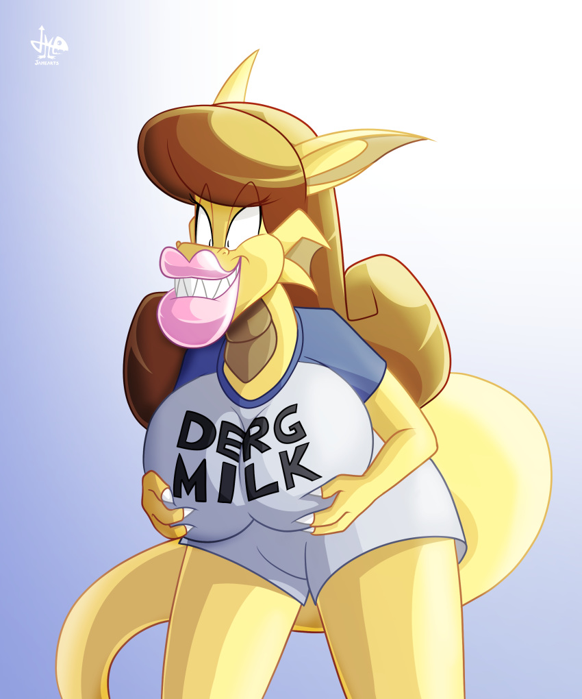 big_breasts big_lips breasts clothed clothing dragon female hair hand_on_breast huge_breasts jamearts lips lipstick makeup mega_milk shirt solo topwear