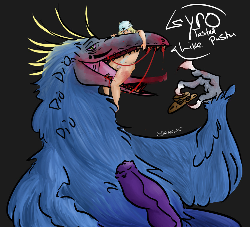 2019 animal_genitalia bestiality blonde_hair blood claws diego_brando digital_drawing_(artwork) digital_media_(artwork) dinosaur drakoraider dromaeosaurid duo english_text erection feathers feral hair johnny_joestar jojo's_bizarre_adventure male male/male nude open_mouth oral_vore penis reptile scalie scary_monsters simple_background sitting size_difference smile teeth text theropod tongue utahraptor vore