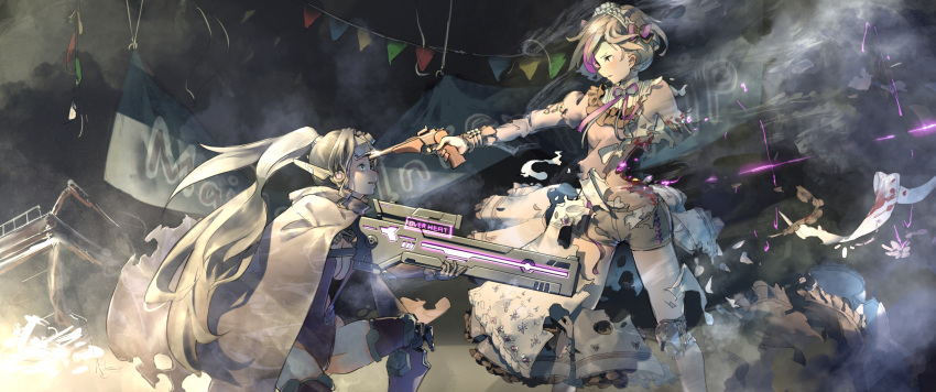 2girls aamond absurdres aiming alternate_costume commentary_request damaged english_text girls_frontline goggles goggles_on_head gun handgun highres injury jaeger_(girls_frontline) maid maid_headdress multiple_girls ponytail rifle sangvis_ferri shorts sniper_rifle surprised thompson/center_contender thompson/center_contender_(girls_frontline) torn_clothes weapon