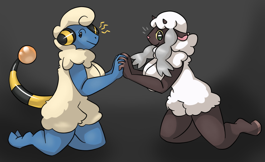 2019 anthro anthrofied bovid breasts caprine duo female female/female hand_holding hi_res horizontal_pupils interlocked_fingers kneeling lime09 mammal mareep nintendo pok&eacute;mon pok&eacute;mon_(species) pok&eacute;morph simple_background smile snout video_games wooloo