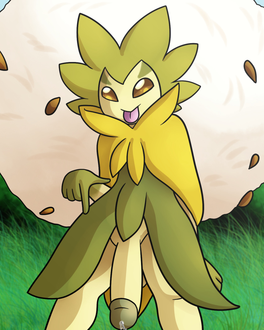 bottomless clothed clothing eldegoss glans green-skin green_penis hi_res humanoid_penis male nintendo penis pok&eacute;mon pok&eacute;mon_(species) precum solo tongue tongue_out video_games yellow_eyes yoshimister