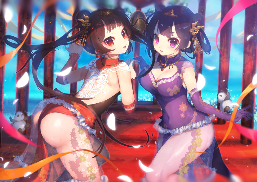 2girls ass azur_lane backless_outfit breasts brown_hair chinese_clothes cleavage commentary_request double_bun hair_ornament highres looking_at_viewer medium_breasts multiple_girls nijimaarc ning_hai_(azur_lane) open_mouth panda pantyhose petals ping_hai_(azur_lane) purple_eyes purple_hair red_eyes tiara twintails