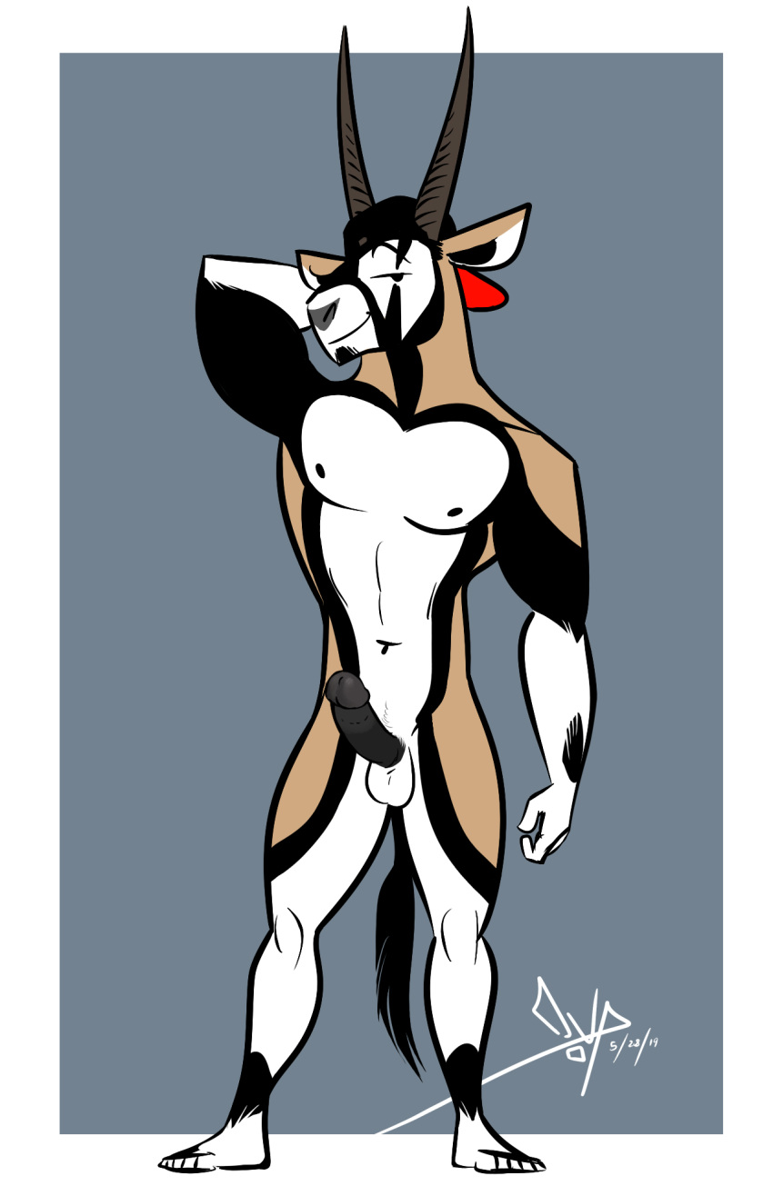 2019 abs antelope anthro balls beard bgn biceps bovid clothing digital_media_(artwork) facial_hair fur grazing_antelope headgear headwear hi_res horn jamie_the_oryx male mammal muscular muscular_male nipples nude oryx pecs penis pose smile solo