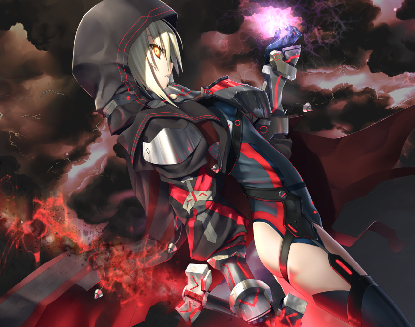 1girl artoria_pendragon_(all) ass black_cloud black_legwear black_leotard blonde_hair breastplate cloud cloudy_sky coat dark_excalibur dutch_angle fate/grand_order fate_(series) from_side gauntlets glowing glowing_sword glowing_weapon hand_up holding holding_sword holding_weapon hood hood_up kawanakajima leotard lightning looking_at_viewer mysterious_heroine_x_(alter) orange_eyes outdoors parted_lips pauldrons profile sidelocks sky solo sword thighhighs thighs weapon