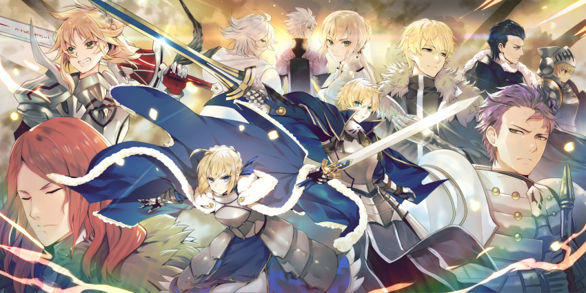 3girls 6+boys agravain_(fate/grand_order) armor armored_dress arthur_pendragon_(fate) artoria_pendragon_(all) bedivere black_hair blonde_hair blue_cape braided_bun cape character_request clarent closed_eyes closed_mouth everyone excalibur fate/apocrypha fate/extra fate/grand_order fate/prototype fate_(series) galahad_(fate) gareth_(fate/grand_order) gawain_(fate/extra) gloves green_eyes grin helmet highres holding holding_sword holding_weapon knights_of_the_round_table_(fate) lancelot_(fate/grand_order) long_hair messy_hair mordred_(fate) mordred_(fate)_(all) multiple_boys multiple_girls purple_hair red_hair saber short_hair smile sword teddy_(khanshin) tristan_(fate/grand_order) weapon white_hair