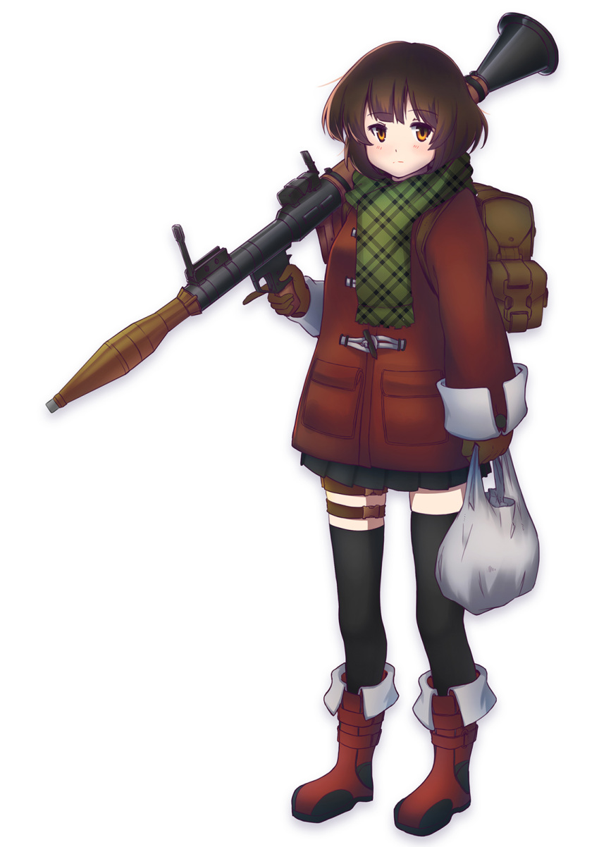 1girl backpack bag black_legwear boots brown_hair gloves highres holding jacket orange_eyes original persocon93 plastic_bag rocket_launcher rpg rpg-7 scarf short_hair solo thighhighs trigger_discipline weapon white_background zettai_ryouiki