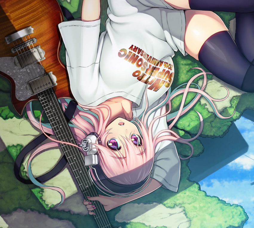 1girl aqua_hair bikini blush breasts electric_guitar guitar headphones highres instrument large_breasts long_hair looking_at_viewer multicolored_hair nitroplus no_pants open_mouth pink_eyes pink_hair shirt solo super_sonico swimsuit t-shirt thighhighs tsuji_santa two-tone_hair