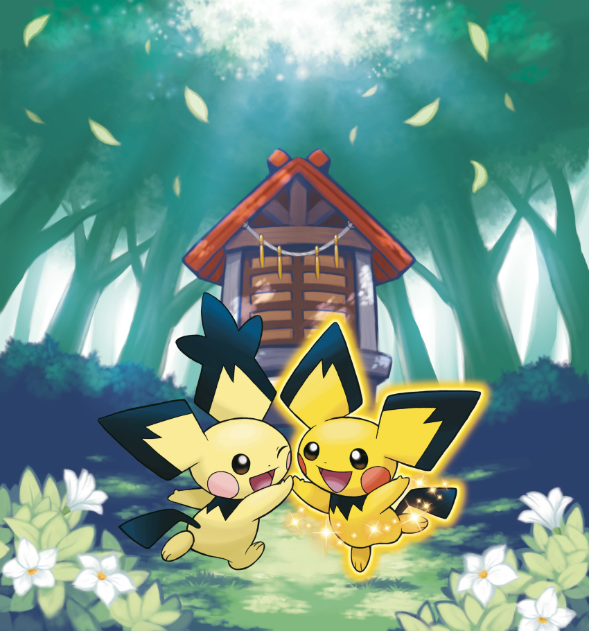 2010 absurd_res ambiguous_gender detailed_background digital_media_(artwork) digital_painting_(artwork) duo feral flower forest hi_res ken_sugimori mammal nintendo official_art one_eye_closed open_mouth open_smile outside pichu plant pok&eacute;mon pok&eacute;mon_(species) rodent shimenawa shiny_pok&eacute;mon shrine shrub smile sparkles spiky-eared_pichu tree video_games wink wood