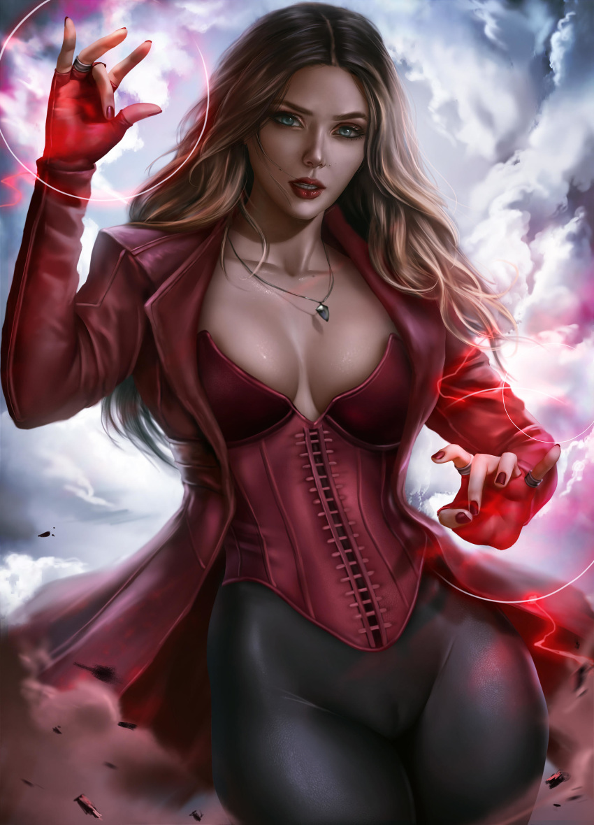 1girl absurdres arm_up aura avengers avengers:_endgame avengers:_infinity_war blue_eyes breasts brown_hair cameltoe captain_america_civil_war cleavage cloud corset cowboy_shot energy fingerless_gloves gloves groin highres jacket jewelry leggings lipstick logan_cure long_hair looking_at_viewer magic makeup marvel medium_breasts mole mole_on_cheek mole_on_neck nail_polish necklace non-anime_related parted_lips red_gloves red_jacket red_nails ring scarlet_witch skin_tight solo wanda_maximoff