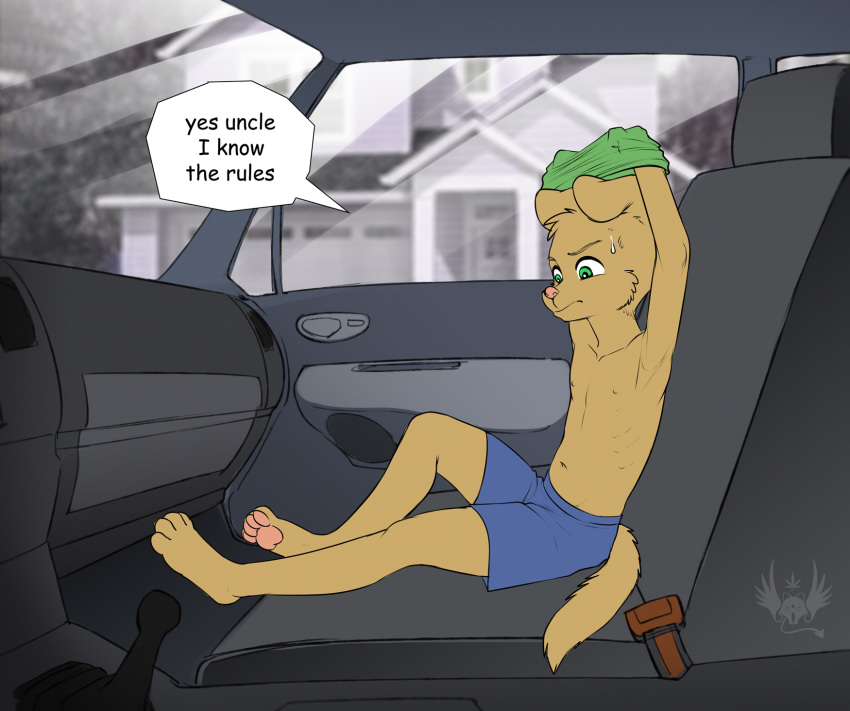 anthro arms_above_head blue_bottomwear blue_clothing bottomwear canid canine canis child clothing collarbone cub domestic_dog eldiman english_text fur head_tuft inside_car male mammal navel nipples speech_bubble sweat sweatdrop tan_fur text undressing young