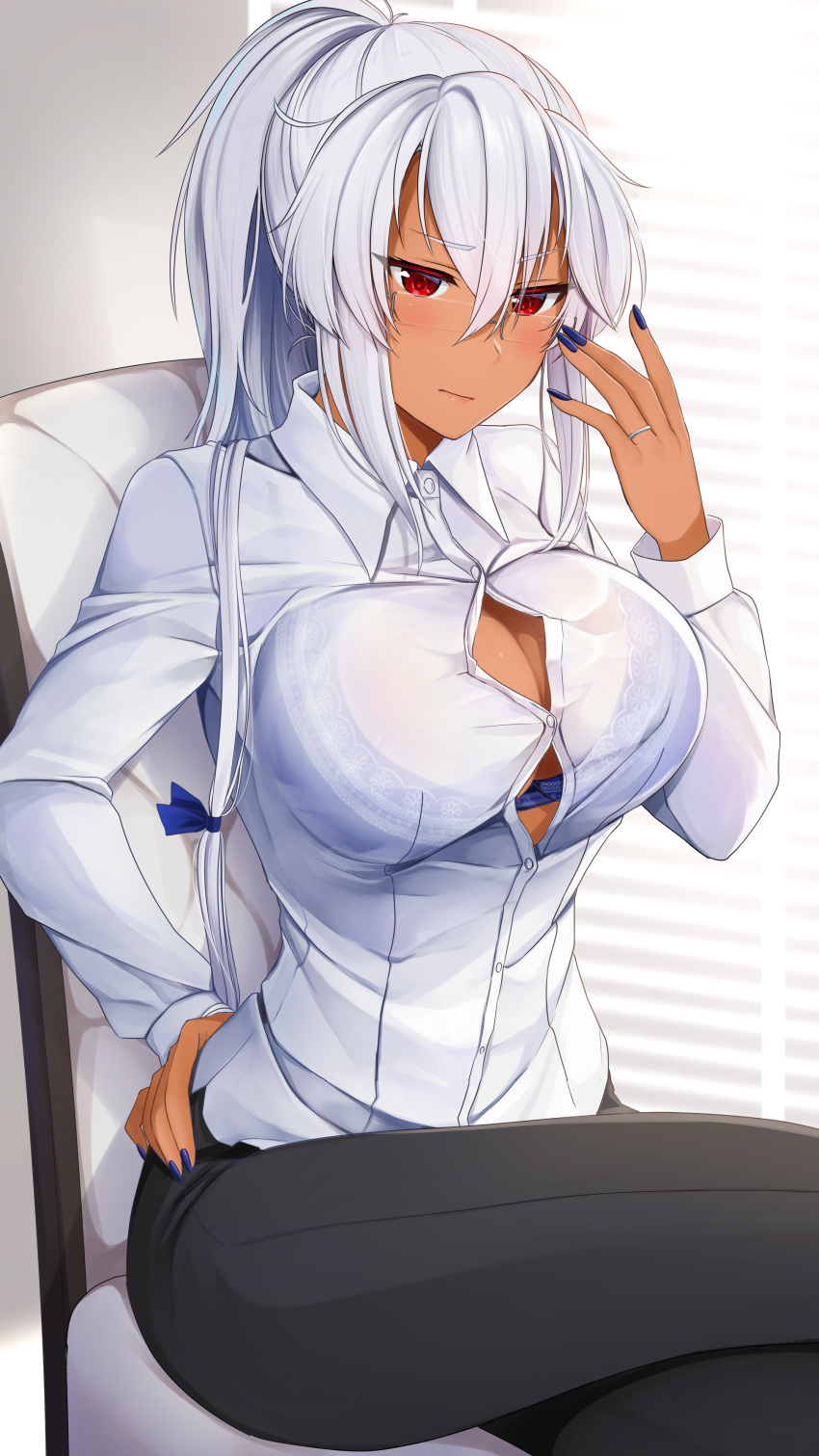 1girl absurdres black_pants blinds blue_ribbon blush bra bra_peek bra_through_clothes breasts button_gap casual chair closed_mouth collared_shirt dark_skin glasses hair_between_eyes hair_ribbon hand_on_hip hand_up highres indoors jewelry kantai_collection large_breasts long_hair long_sleeves musashi_(kantai_collection) nail_polish pants pointy_hair ponytail purple_bra purple_nails red_eyes ribbon ring see-through semi-rimless_eyewear shirt silver-framed_eyewear silver_hair sitting solo taut_clothes taut_shirt tsurime underwear wedding_band white_shirt window yunamaro