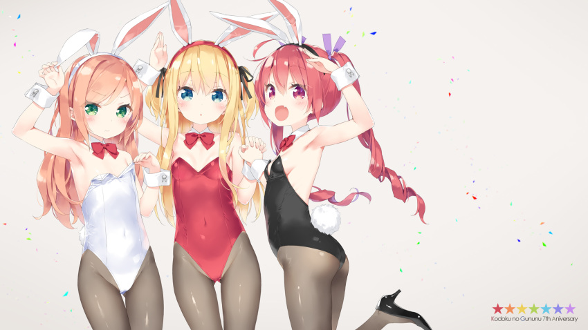 3girls :d :o ahoge animal_ears anniversary arm_up ass bangs black_footwear black_hairband black_leotard black_ribbon blonde_hair blue_eyes blush bow bowtie breasts brown_hair bunny_ears bunny_girl bunny_tail bunnysuit closed_mouth collar commentary_request covered_navel detached_collar eyebrows_visible_through_hair fake_animal_ears fang fingernails flat_chest green_eyes grey_background grey_legwear groin hair_between_eyes hair_ribbon hairband hazuki_watora high_heels highres holding_hands leotard long_hair looking_at_viewer minazuki_sarami multiple_girls open_mouth original pantyhose parted_lips peko purple_eyes purple_ribbon red_hair red_hairband red_leotard red_neckwear ribbon ringlets shimotsuki_potofu shoes small_breasts smile standing standing_on_one_leg star tail twintails two_side_up very_long_hair white_collar white_hairband white_leotard wrist_cuffs