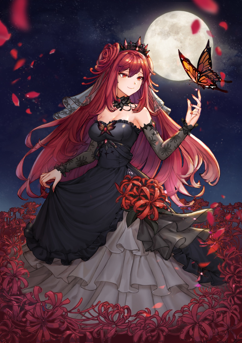 1girl absurdres black_dress breasts bug butterfly choker cleavage closed_mouth detached_sleeves diadem dress erze_(king's_raid) floating_hair flower full_body full_moon grey_sleeves hair_between_eyes highres huge_filesize insect king's_raid layered_dress long_dress long_hair long_sleeves medium_breasts moon nail_polish night outdoors petals print_sleeves red_eyes red_flower red_hair red_nails shiny shiny_hair skirt_hold sleeveless sleeveless_dress smile solo standing strapless strapless_dress tjgus very_long_hair