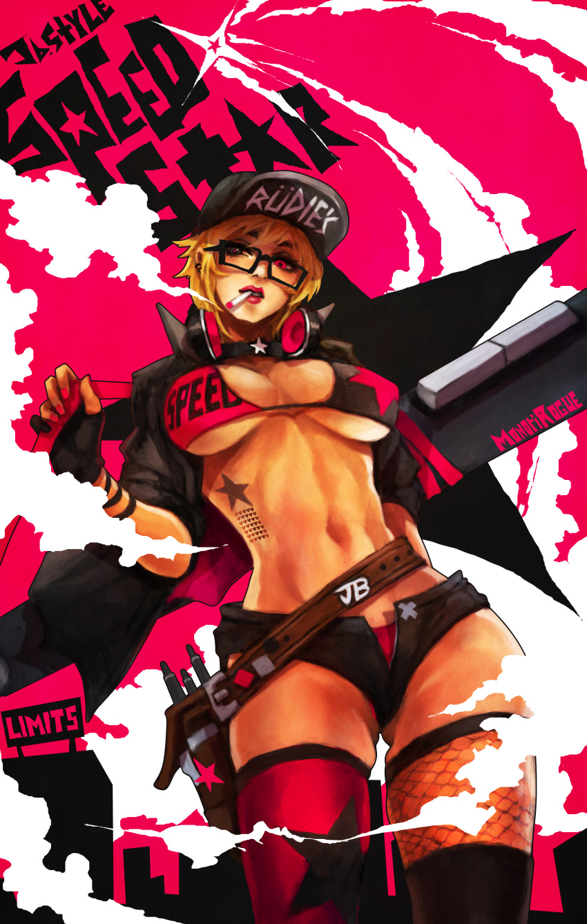 1girl absurdres ass_visible_through_thighs baseball_cap bikini_top black-framed_eyewear black_shorts blonde_hair breasts choker cigarette clothes_writing commentary english_commentary fingerless_gloves fishnet_legwear fishnets glasses gloves grey_eyes hat headphones headphones_around_neck heterochromia highres holster large_breasts lipstick makeup midriff mismatched_legwear monori_rogue navel open_fly original oversized_object panties pink_eyes pink_legwear pink_lips pink_panties popped_collar short_hair short_shorts shorts shrug_(clothing) smoke smoking solo star star_tattoo strap tattoo thighhighs toned underboob underwear
