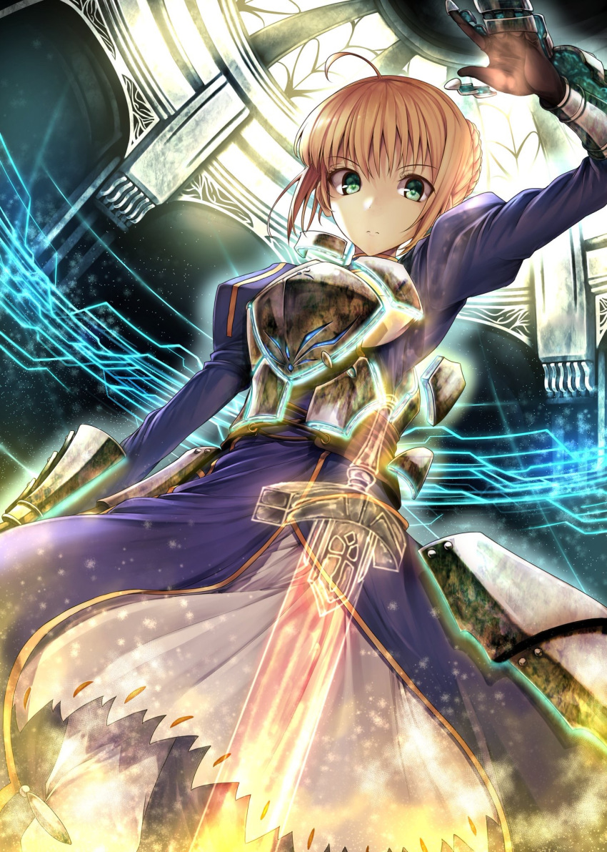 1girl ahoge armor armored_dress artoria_pendragon_(all) bangs black_gloves blonde_hair blue_dress braided_bun breastplate closed_mouth dress dutch_angle fate/stay_night fate_(series) gauntlets gloves green_eyes highres korezyanai looking_at_viewer saber short_hair solo standing sword weapon