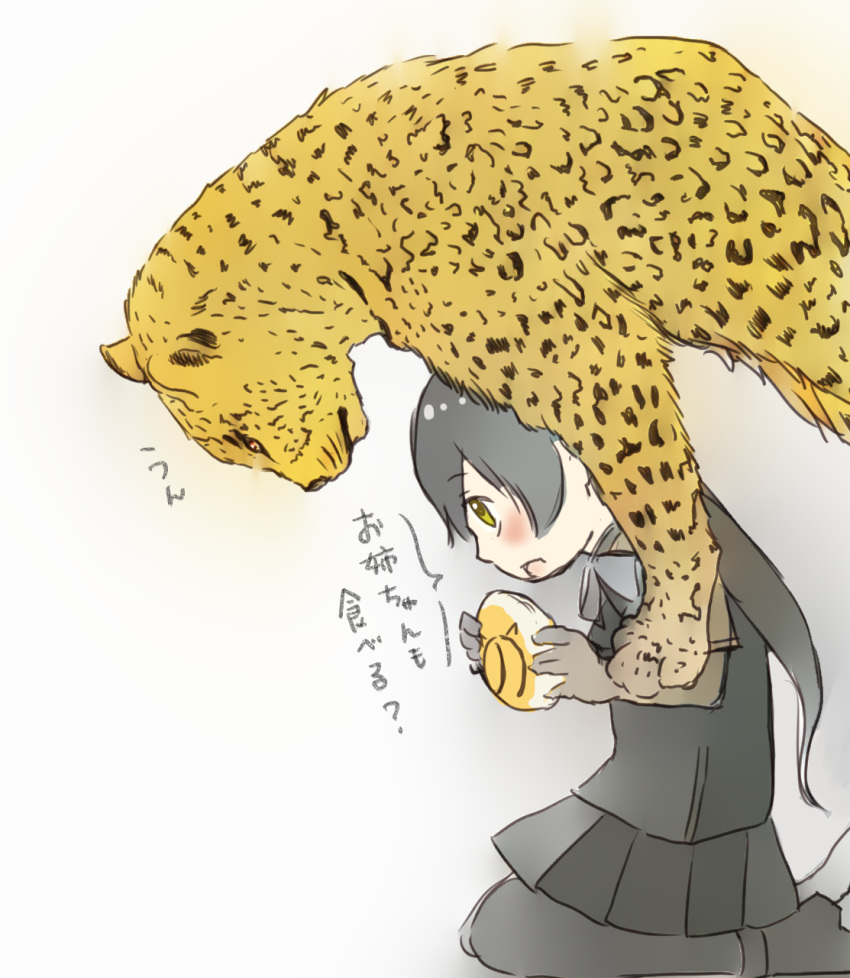 2019 4_fingers 5_toes ambiguous_gender animal_humanoid arched_back armwear biped black_bottomwear black_clothing black_footwear black_fur black_legwear black_leopard_(kemono_friends) black_sclera black_skirt black_spots blush bottomwear bread clothed clothing dialogue duo elbow_gloves eye_contact eyebrows felid felid_humanoid female feral food footwear frown full-length_portrait fully_clothed fur gloves grey_gloves grey_hair grey_tail hair hi_res holding_food holding_object humanoid iceeye_ena japanese japanese_text kemono_friends kneeling larger_ambiguous larger_feral legwear leopard leopard_humanoid light_skin looking_at_another looking_down looking_up mammal mammal_humanoid multicolored_fur on_top on_top_of open_mouth pantherine pantherine_humanoid pleated_skirt ponytail portrait quadruped rosettes shadow simple_background size_difference skirt smaller_female smaller_humanoid snout speech_bubble spots spotted_fur standing surprise tan_skin text toes translation_request two_tone_fur whiskers white_background yellow_eyes yellow_fur