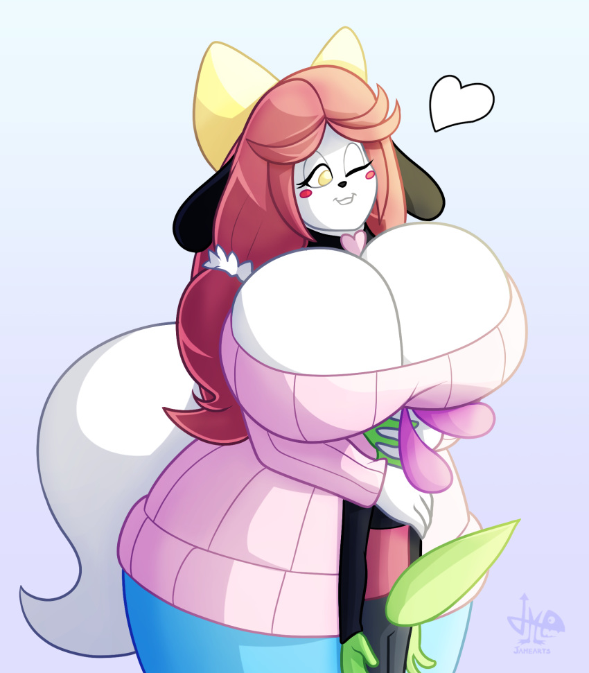 &lt;3 big_breasts breasts canid canine canis cleavage clothed clothing domestic_dog duo hair hair_bow hair_ribbon holly_applebee hug huge_breasts jamearts lizard mammal reptile ribbons scalie sweater topwear