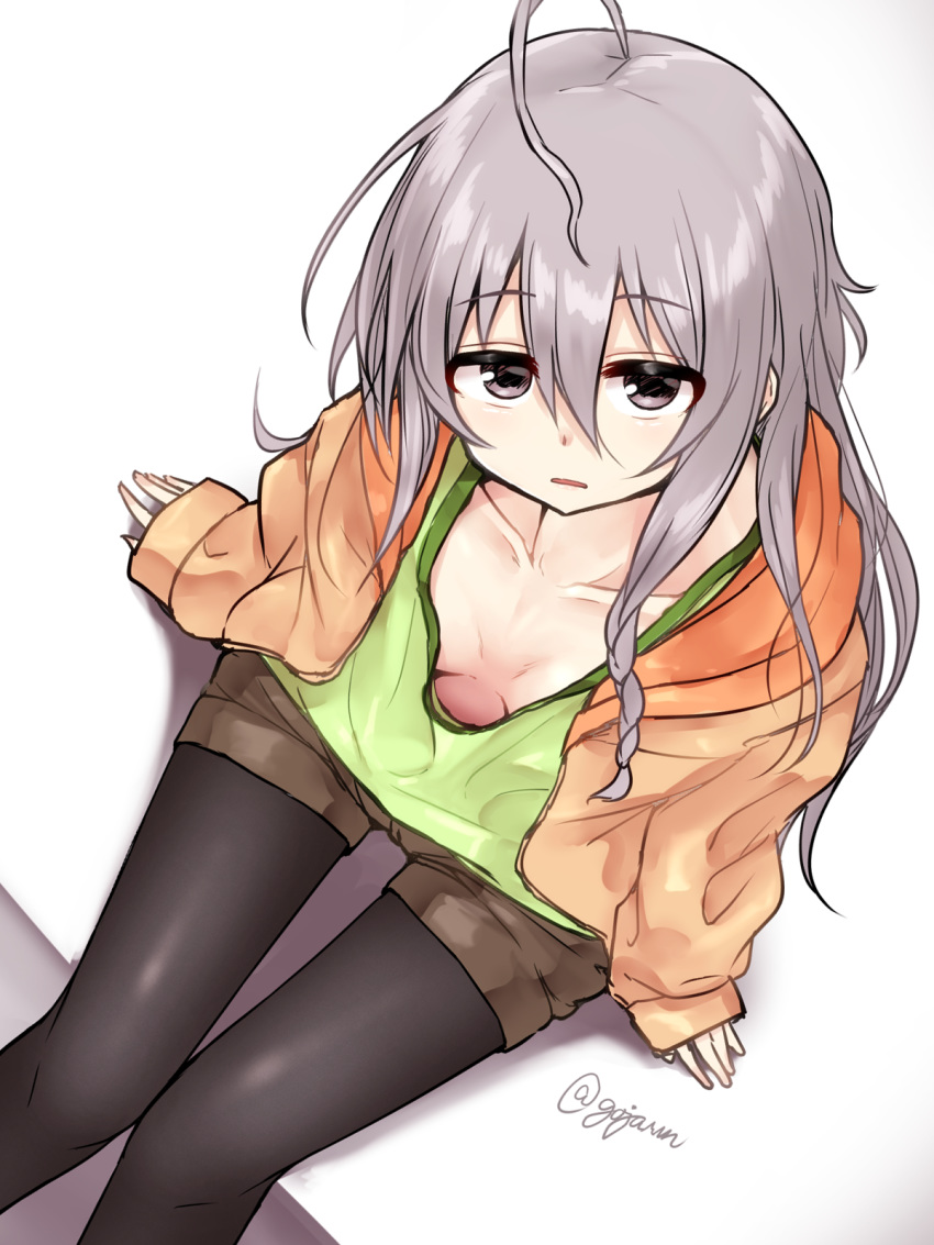 1girl ahoge baggy_clothes braid breasts brown_eyes collarbone eyebrows_visible_through_hair from_above gojarun highres hood hoodie hoshi_shouko idolmaster idolmaster_cinderella_girls legwear_under_shorts long_hair no_bra pantyhose parted_lips shorts side_braid silver_hair sitting sleeves_past_wrists small_breasts solo twitter_username