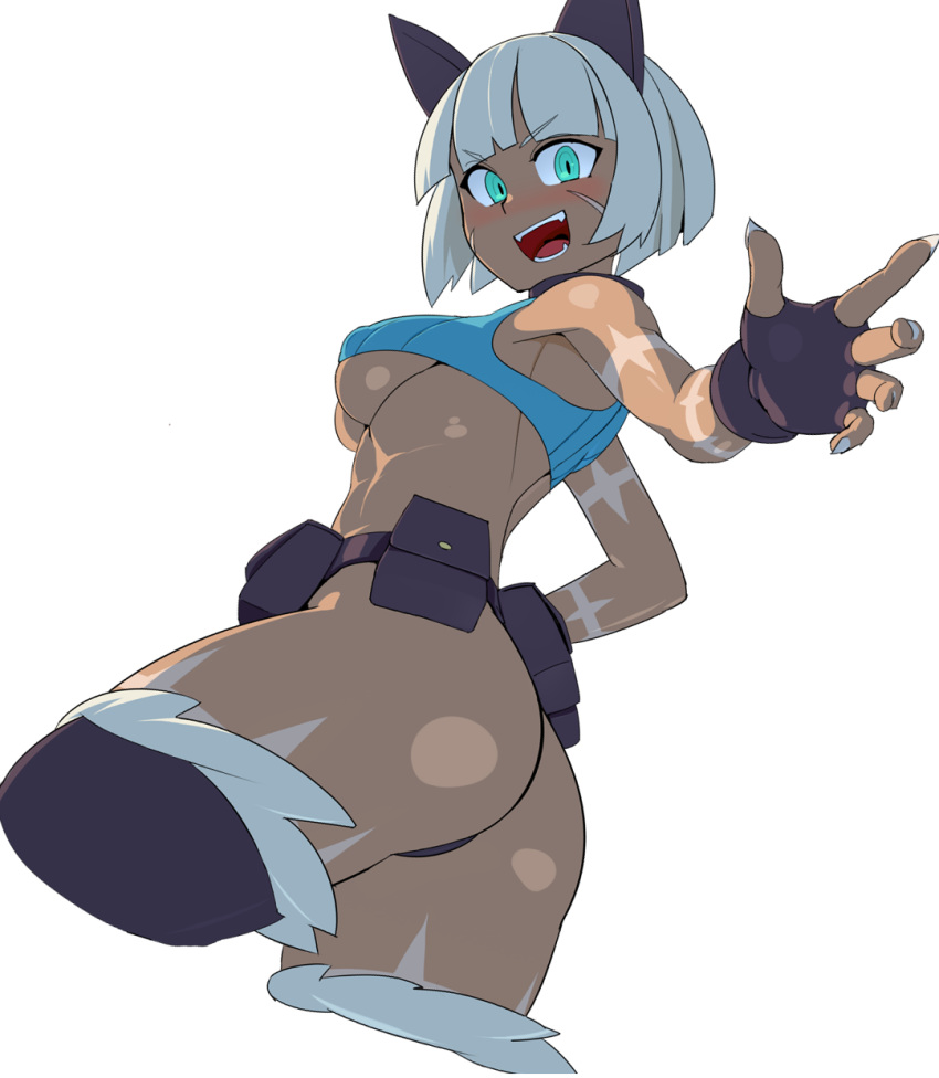 animal_humanoid belt blush breasts butt cat_humanoid clothed clothing felid felid_humanoid feline feline_humanoid female fingerless_gloves gloves grey_hair hair hi_res humanoid legwear looking_back mammal mammal_humanoid nadia_fortune nipple_outline nisetanaka open_mouth scar short_hair simple_background skullgirls solo teal_eyes under_boob video_games white_background