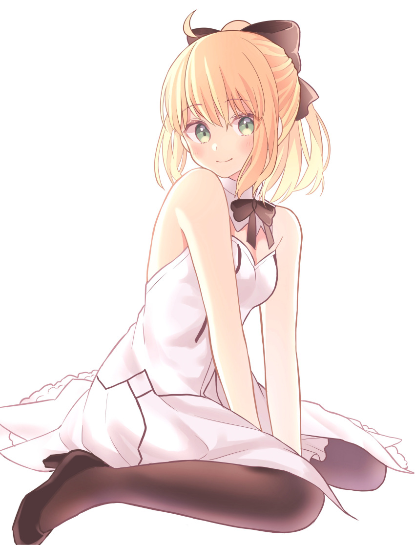1girl absurdres ahoge artoria_pendragon_(all) bangs between_legs black_bow black_footwear black_legwear black_neckwear blonde_hair bow breasts choker cleavage eyebrows_visible_through_hair fate/unlimited_codes fate_(series) green_eyes hair_bow hand_between_legs high_heels highres looking_at_viewer lq_saku miniskirt pantyhose ponytail pump saber_lily short_hair simple_background sitting skirt sleeveless small_breasts smile solo strapless wariza white_background white_skirt
