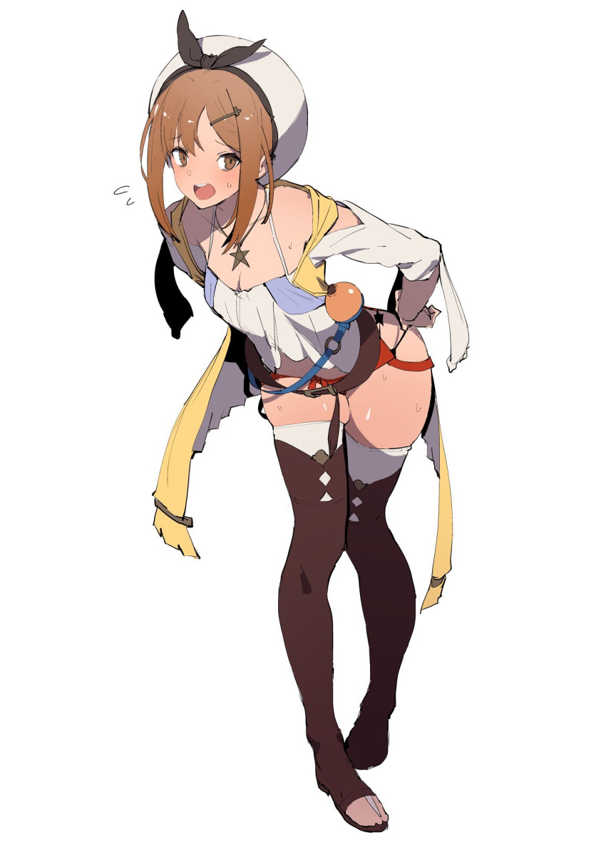 1girl adjusting_clothes atelier_(series) atelier_ryza bangs belt beret boots breasts brown_belt brown_eyes brown_footwear brown_hair cleavage collarbone flying_sweatdrops full_body garter_straps hair_ornament hairclip halterneck hat highres hip_vent jewelry jikatarou leaning_forward medium_breasts necklace open_mouth reisalin_stout round-bottom_flask short_hair short_shorts shorts sidelocks simple_background skindentation solo standing star star_necklace sweat thigh_boots thighhighs thighs tight toeless_boots underwear upper_teeth white_background white_headwear white_legwear