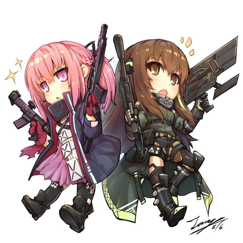 2girls :&lt; :o ar-15 assault_rifle bangs black_footwear black_gloves black_jacket black_legwear black_ribbon black_shorts blonde_hair blush boots braid brown_eyes brown_hair chibi closed_mouth commentary dated dress eyebrows_visible_through_hair girls_frontline gloves green_sweater gun hair_between_eyes hair_ribbon holding holding_gun holding_weapon jacket knee_boots long_hair long_sleeves m4_carbine m4a1_(girls_frontline) multicolored_hair multiple_girls notice_lines object_namesake open_clothes open_jacket open_mouth pantyhose pink_hair pleated_dress ponytail purple_dress purple_eyes red_gloves ribbed_sweater ribbon rifle shoe_soles short_shorts shorts signature simple_background single_leg_pantyhose single_thighhigh skull_print sparkle st_ar-15_(girls_frontline) streaked_hair sweater tama_yu thighhighs very_long_hair weapon white_background