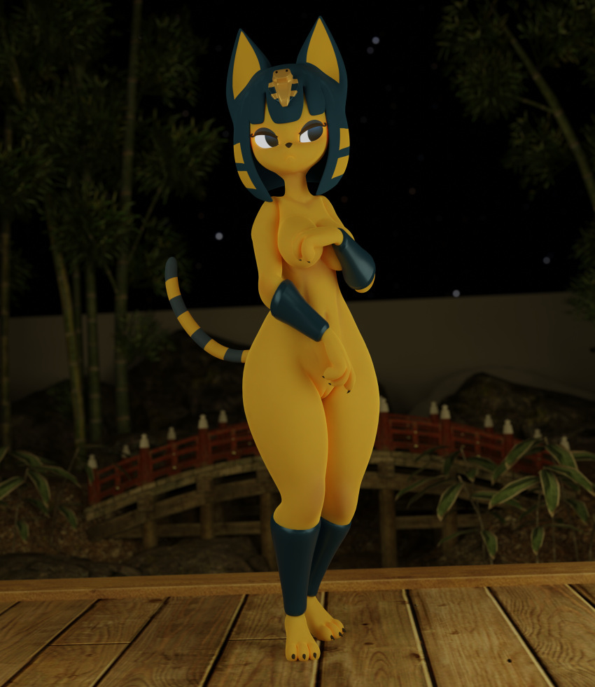 3d_(artwork) absurd_res animal_crossing ankha_(animal_crossing) anthro black_eyes blue_hair bob_cut breasts covering covering_breasts covering_self digital_media_(artwork) domestic_cat eyelashes felid feline felis female fur genitals hair hi_res looking_away lorded mammal navel night nintendo nude pussy solo standing uraeus wide_hips yellow_body yellow_fur