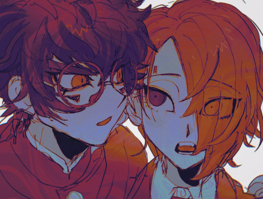 2boys collared_shirt facial_mark glasses hair_over_one_eye highres jacket limited_palette looking_at_another male_focus master_detective_archives:_rain_code multiple_boys oishikunatte_shintoujou open_mouth round_eyewear shirt short_hair simple_background upper_body white_background yomi_hellsmile zilch_alexander