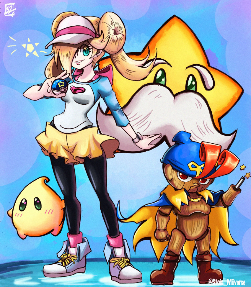 1girl arm_cannon blonde_hair blue_background blue_eyes cape cosplay eldstar facial_hair full_body geno_(mario) hair_over_one_eye highres holding holding_poke_ball looking_at_viewer luma_(mario) mario_(series) mustache paper_mario poke_ball pokemon pokemon_bw2 raglan_sleeves rosa_(pokemon) rosa_(pokemon)_(cosplay) rosalina solid_oval_eyes standing star_(symbol) stoic_seraphim super_mario_galaxy super_mario_rpg weapon