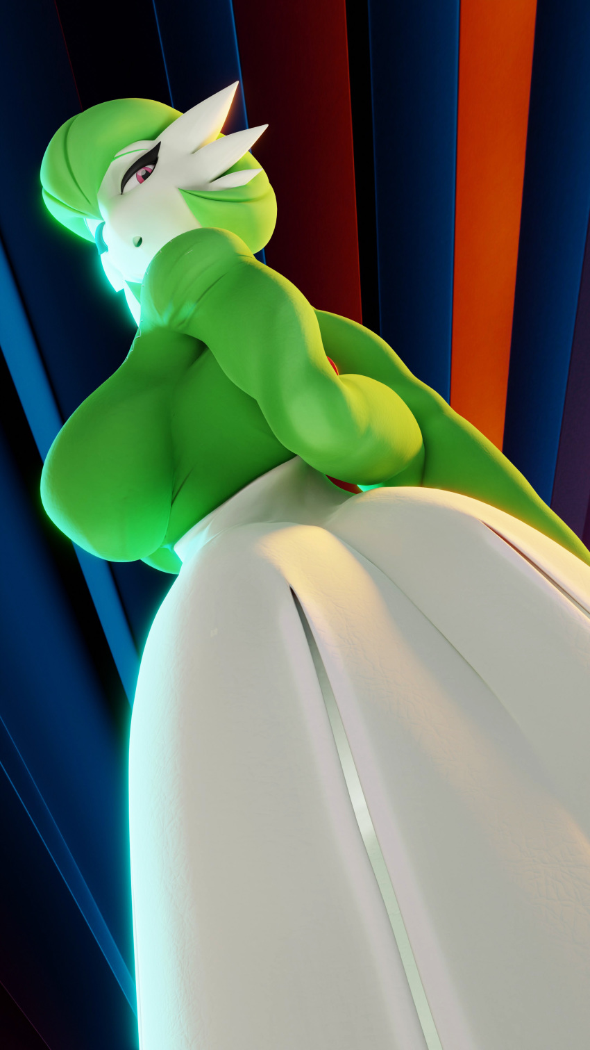 3d_(artwork) 4k 9:16 abstract_background absurd_res bedroom_eyes big_breasts biped blender_(software) blender_cycles bob_cut bottomwear breasts clothing digital_media_(artwork) female fever-dreamer gardevoir generation_3_pokemon green_hair hair hand_behind_back hi_res humanoid long_sleeves looking_at_viewer looking_back narrowed_eyes nintendo pokemon pokemon_(species) red_eyes seductive skirt warfare warfare_machine white_body white_bottomwear white_clothing white_skin white_skirt