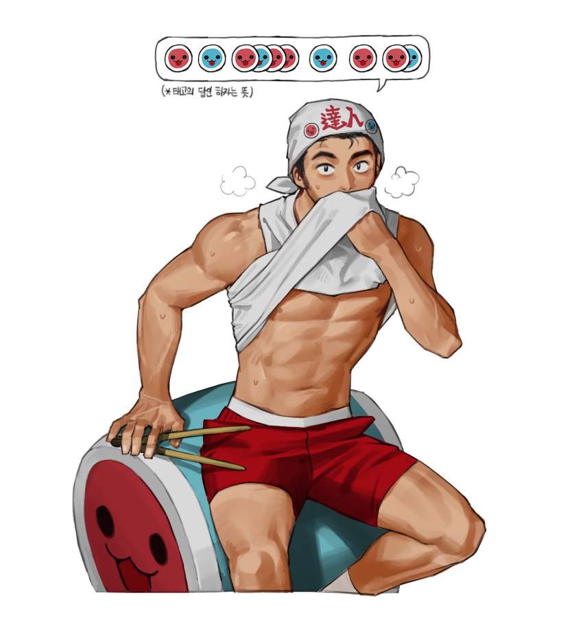 1boy black_eyes black_hair clothes_lift drum headband highres instrument male_focus muscular muscular_male navel nipples original red_shorts rinotuna shirt_lift short_hair shorts sitting solo stomach taiko_no_tatsujin tank_top wada_don wada_katsu white_tank_top