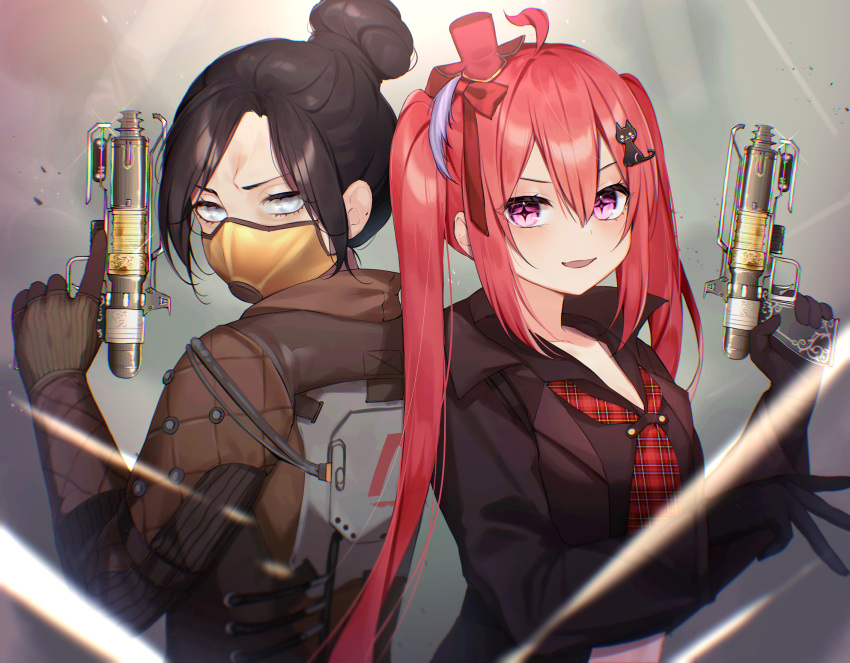 2girls ahoge airship_assassin_wraith apex_legends back-to-back black_gloves black_hair black_jacket black_shirt bodysuit brown_bodysuit cat_hair_ornament commentary commission covered_mouth feathers gloves gold_trim grey_eyes gun hair_between_eyes hair_bun hair_ornament hair_ribbon hand_up hat heart heart_in_eye highres holding holding_gun holding_weapon jacket long_hair long_sleeves looking_at_viewer mask mini_hat mouth_mask multiple_girls neckerchief open_mouth parted_bangs pink_eyes plaid_neckerchief purple_feathers red_hair red_headwear red_neckerchief red_ribbon ribbon shirt short_hair sidelocks single_hair_bun skeb_commission smile star-shaped_pupils star_(symbol) symbol-shaped_pupils symbol_in_eye tamafurin twintails upper_body weapon wraith_(apex_legends)