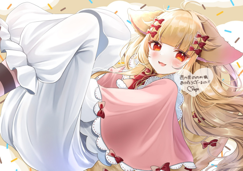 1girl ahoge animal_ears blonde_hair blunt_bangs bow capelet commission hair_bow heart highres indie_virtual_youtuber long_hair multiple_hair_bows nishigahana_nonomi ohagetty orange_eyes pants pink_capelet red_bow skeb_commission solo very_long_hair virtual_youtuber white_pants