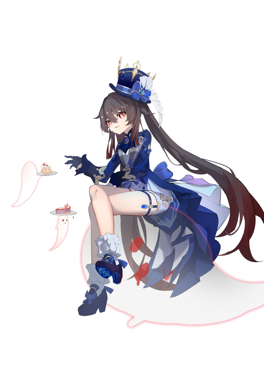 1girl absurdres ascot black_ascot blue_ascot blue_brooch blue_gemstone blue_headwear blue_jacket boo_tao_(genshin_impact) brown_hair cake cake_slice cosplay flower-shaped_pupils food furina_(genshin_impact) furina_(genshin_impact)_(cosplay) gem genshin_impact hat highres hu_tao_(genshin_impact) jacket kodona lolita_fashion long_hair plate qixia red_eyes shorts simple_background solo symbol-shaped_pupils top_hat twintails very_long_hair white_background white_shorts white_trim_bow