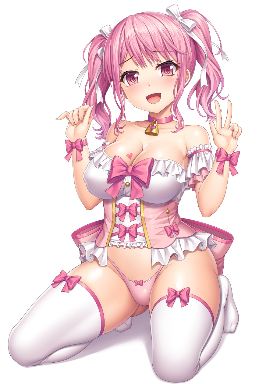 1girl :d absurdres bang_dream! bell bell_choker bow bow_panties breast_tattoo breasts choker cleavage covered_nipples eyebrows_visible_through_hair full_body hair_ribbon heart_tattoo highres kneeling lambda_(kusowarota) large_breasts looking_at_viewer maruyama_aya open_mouth panties pink_bow pink_choker pink_eyes pink_hair pink_panties ribbon simple_background smile solo tattoo thighhighs underwear v white_background white_legwear white_ribbon wrist_bow