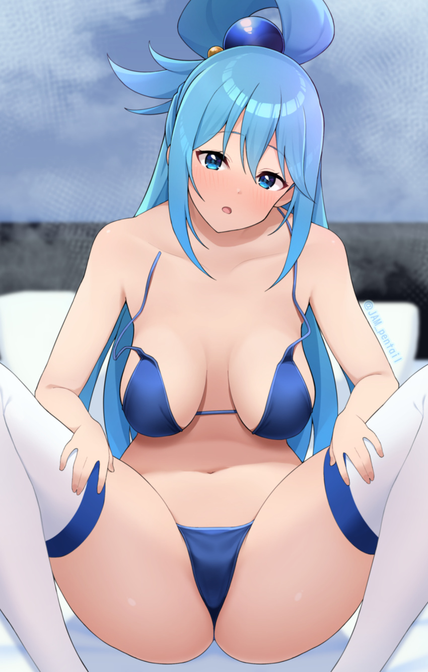 1girl aqua_(konosuba) bare_shoulders bikini blue_eyes blue_hair blush breasts cleavage collarbone hair_ornament highres jampen kono_subarashii_sekai_ni_shukufuku_wo! large_breasts long_hair navel open_mouth single_hair_ring solo swimsuit