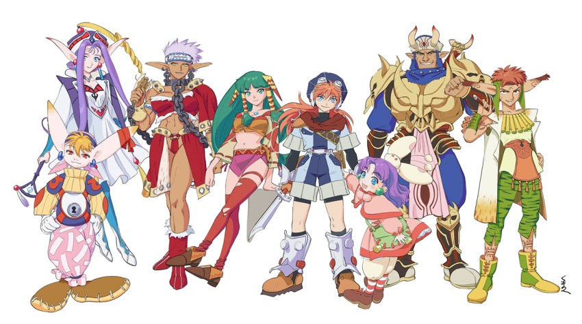 4boys 4girls armor blue_eyes breasts brown_hair closed_mouth dress earrings feena_(grandia) gadwin_(grandia) gloves grandia grandia_i green_eyes green_hair guido_(grandia) hair_ornament hair_tubes hat jewelry justin_(grandia) layered_sleeves liete_(grandia) lineup long_hair looking_at_viewer midriff milda_(grandia) multiple_boys multiple_girls open_mouth pointy_ears poppoqo purple_hair puui_(grandia) rapp_(grandia) red_hair simple_background smile sue_(grandia) sword sword_on_back weapon weapon_on_back white_background