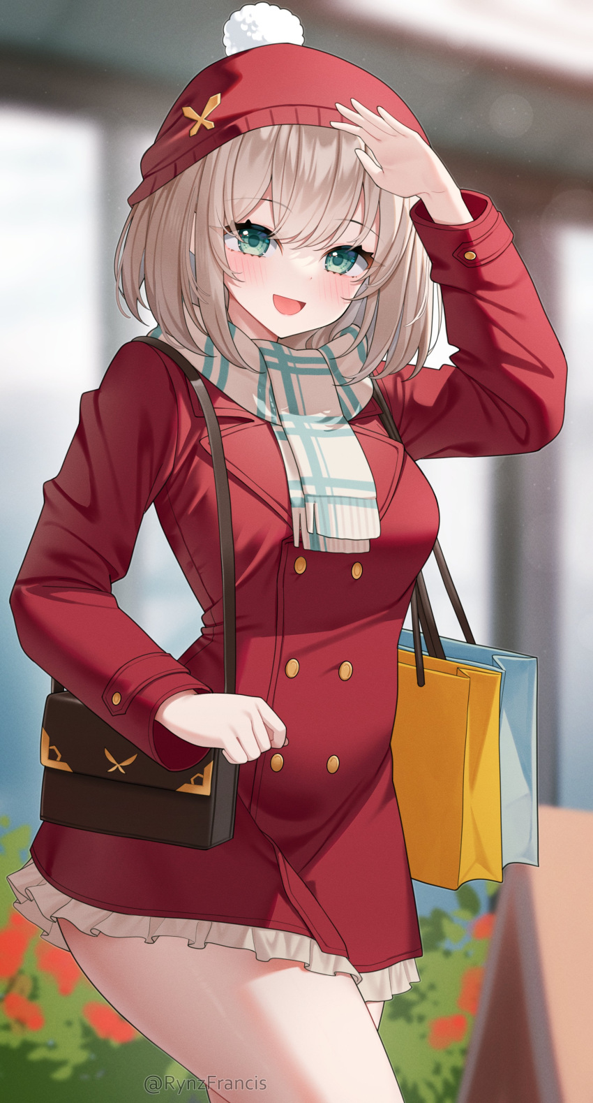 1girl :d absurdres bag blonde_hair blue_eyes blush breasts c-93_(girls'_frontline) c-93_(glistening_encounter)_(girls'_frontline) coat english_commentary girls'_frontline hand_up handbag highres large_breasts lens_flare light_particles long_sleeves looking_at_viewer medium_hair open_mouth outdoors red_beanie red_coat rynzfrancis scarf shopping_bag smile solo twitter_username