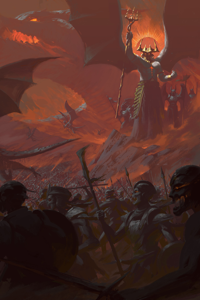 6+boys absurdres army artist_name colored_sclera commentary dark dark_halo demon demon_horns demon_wings dragon english_commentary flying glowing glowing_eyes god's_sword_giants_and_the_demon_wars_of_gath halo harshanandsingh hell highres holding holding_polearm holding_trident holding_weapon horns multiple_boys pale_skin polearm red_sclera satan snake undead weapon wings yellow_eyes