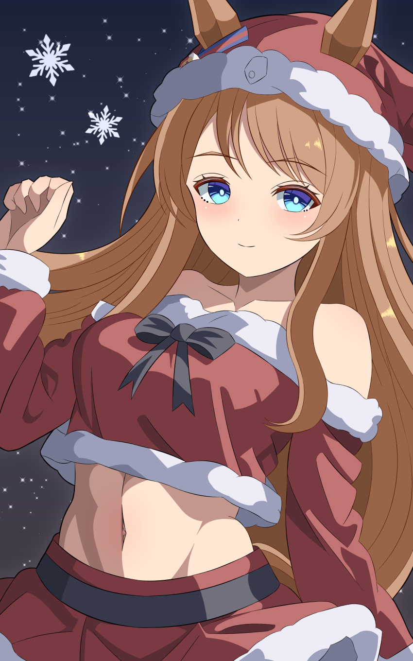 1girl 96dai_0313 absurdres animal_ears bare_shoulders blue_eyes brown_hair christmas closed_mouth commentary cropped_shirt ears_through_headwear fur-trimmed_headwear fur-trimmed_shirt fur-trimmed_skirt fur_trim grass_wonder_(umamusume) hat highres horse_ears horse_girl horse_tail long_hair long_sleeves looking_at_viewer midriff miniskirt navel night off-shoulder_shirt off_shoulder outdoors red_headwear red_shirt red_skirt santa_hat shirt skirt smile snowflakes snowing solo standing tail umamusume