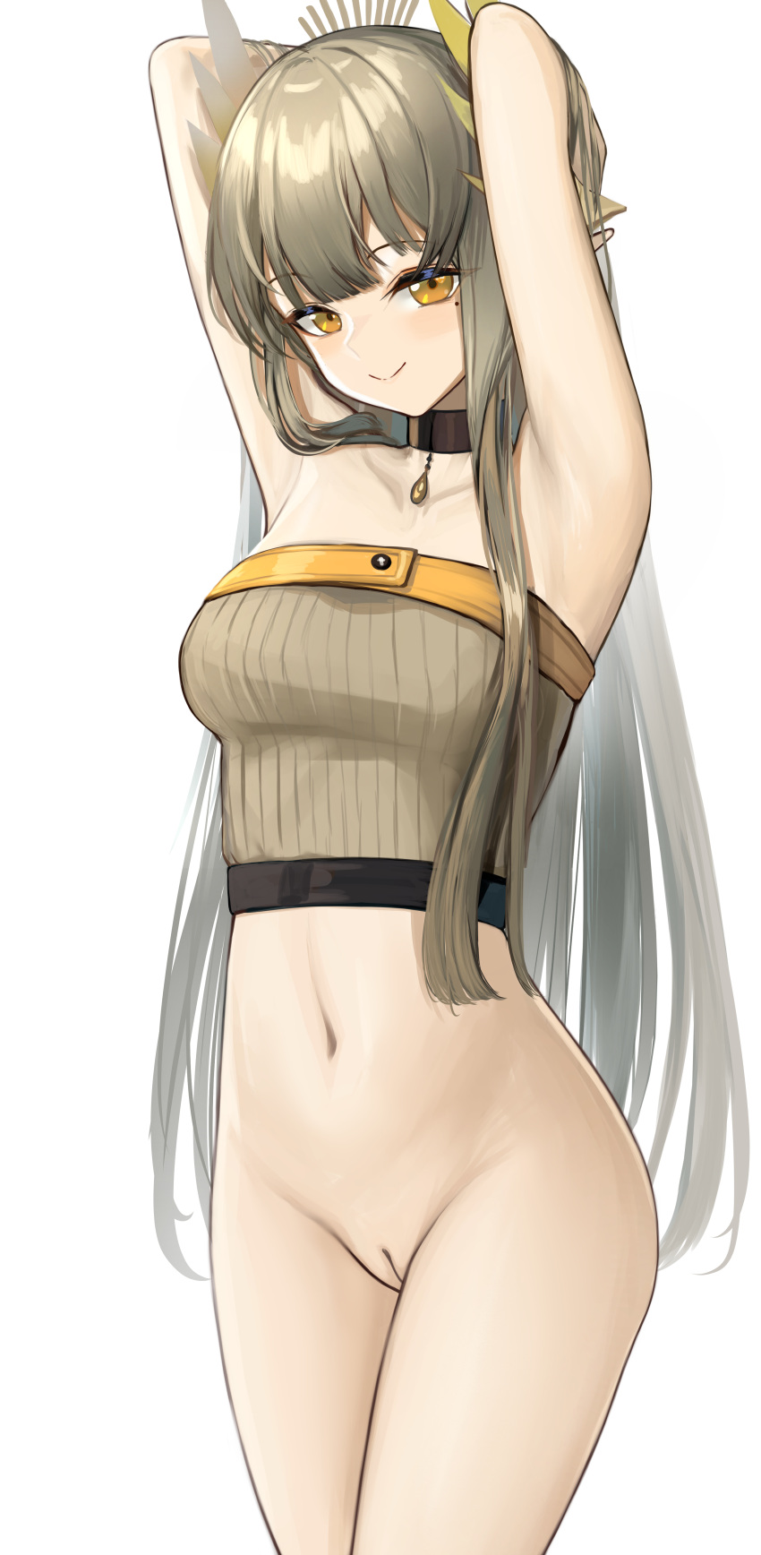 1girl absurdres arknights armpits arms_up bare_shoulders black_choker bottomless breasts choker cowboy_shot elf grey_hair highres long_hair looking_at_viewer mole mole_under_eye muelsyse_(arknights) navel nopetroto pointy_ears pussy small_breasts smile solo standing stomach strapless tube_top uncensored very_long_hair yellow_eyes