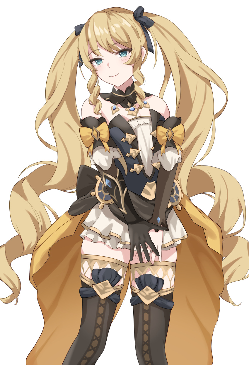 1girl absurdres alternate_hairstyle black_gloves blonde_hair blue_eyes blue_gemstone bodice dress drill_hair fold-over_gloves gem genshin_impact gloves gold_trim_bow haneshuu_rie highres lace-trimmed_collar lace_trim navia_(genshin_impact) ship's_wheel_ornament simple_background solo strapless strapless_dress twintails white_background