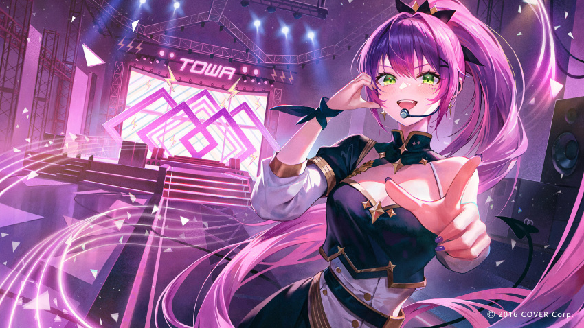 1girl absurdres black_dress breasts cleavage concert dress green_eyes highres hololive ikkia long_hair long_sleeves medium_breasts microphone official_art open_mouth pointing pointing_at_viewer ponytail purple_hair purple_nails smile solo standing tokoyami_towa very_long_hair virtual_youtuber watermark