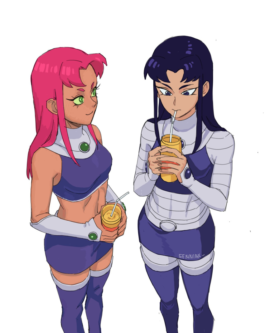 2girls blackfire breasts closed_mouth colored_sclera colored_skin covered_navel dc_comics drinking_straw english_commentary green_eyes green_sclera highres jenxd_d long_hair looking_at_another looking_down medium_breasts multiple_girls mustard navel orange_hair orange_skin purple_eyes purple_hair siblings simple_background sisters skirt smile starfire superhero teen_titans thighhighs white_background