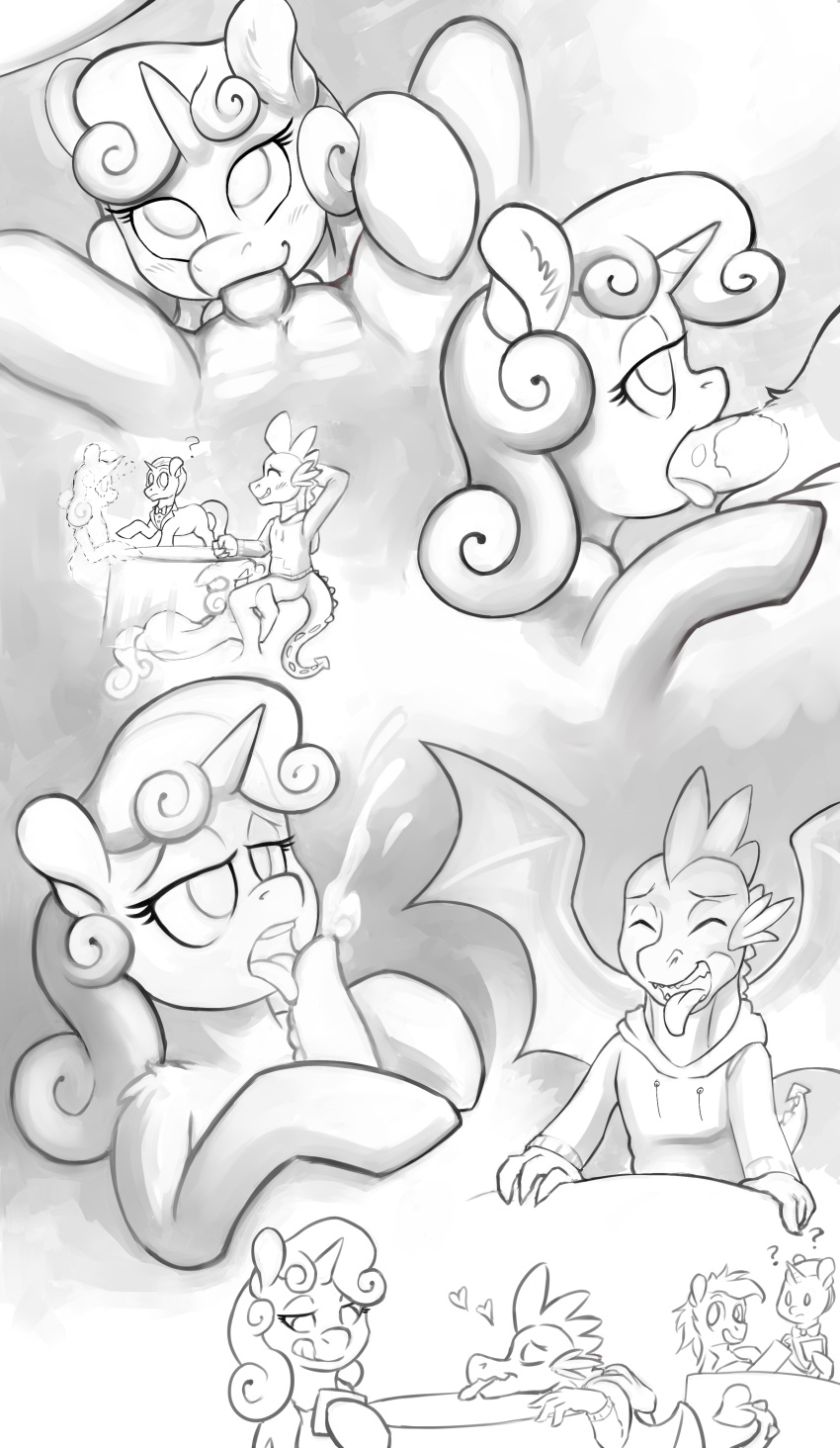 &lt;3 absurd_res anthro bedroom_eyes bodily_fluids cum cumshot dragon ejaculation equid equine fellatio female friendship_is_magic genital_fluids genitals hasbro hi_res hobbes_maxwell horn licking male male/female mammal membrane_(anatomy) membranous_wings monochrome my_little_pony narrowed_eyes oral penile penis penis_lick scalie seductive sex spike_(mlp) stealth_sex sweetie_belle_(mlp) tongue tongue_out under_table unicorn wings